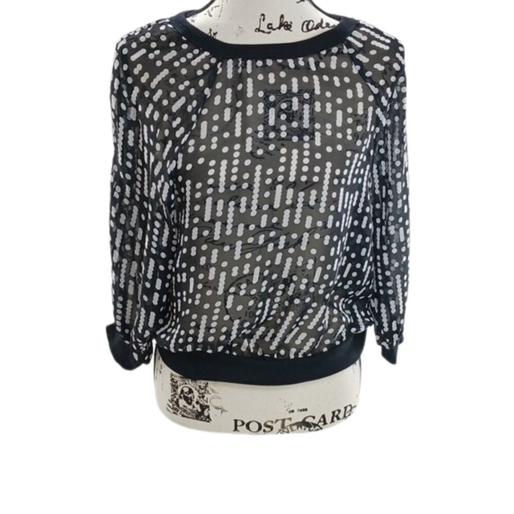 Self Esteem Sheer Blouse Black White Polka Dot Crew Neck Womens Size Small